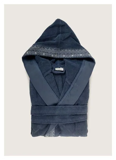 BLEN BORDER JACQUARD HOODED BATHROBE INDIGO 2 ხალათი